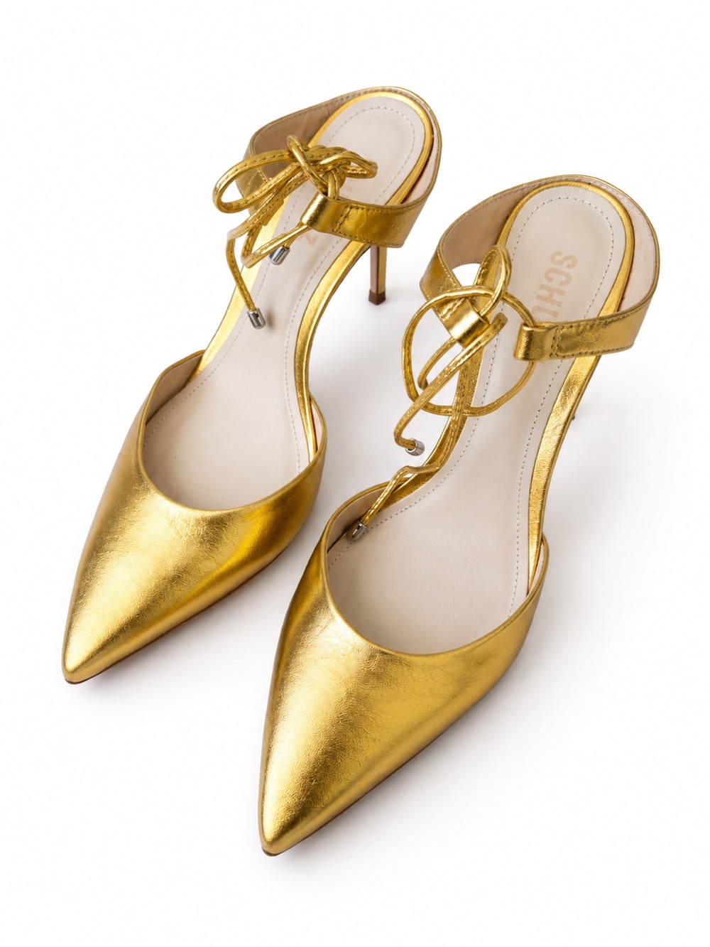 Schutz Gold Metallic Leather Lace Up Pointed Toe Stiletto Heels 7.5 Coquette